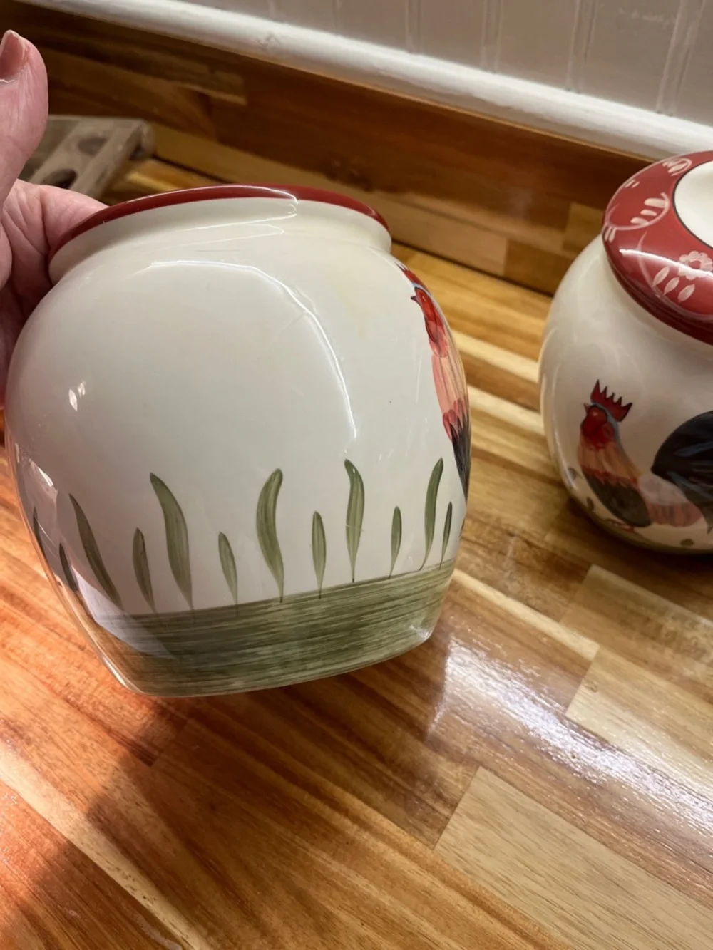 Home Interiors Cream Rooster Ceramic Canister Set with Red Lids